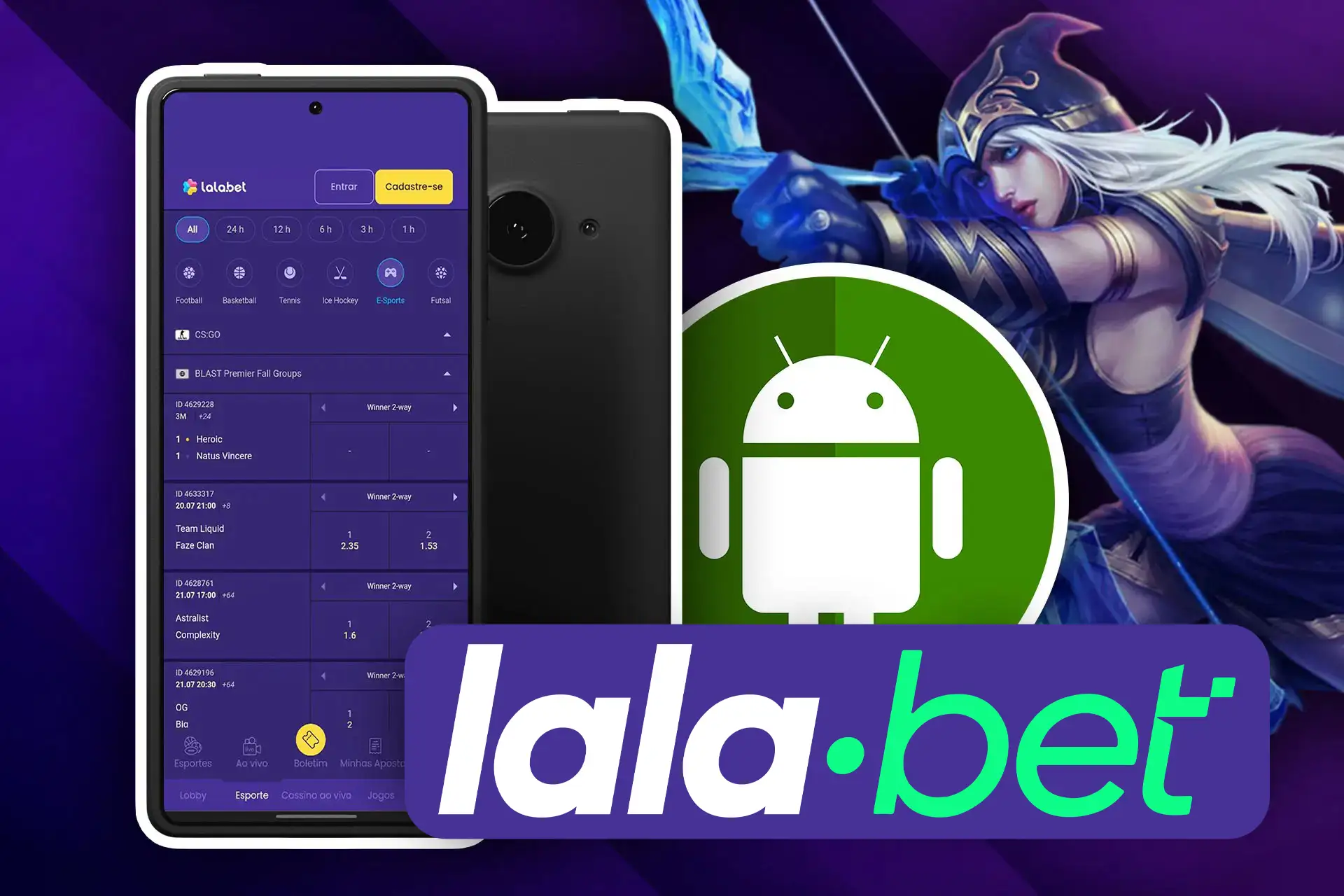 Aposte em esportes eletrônicos por meio do aplicativo Lalabet para Android.